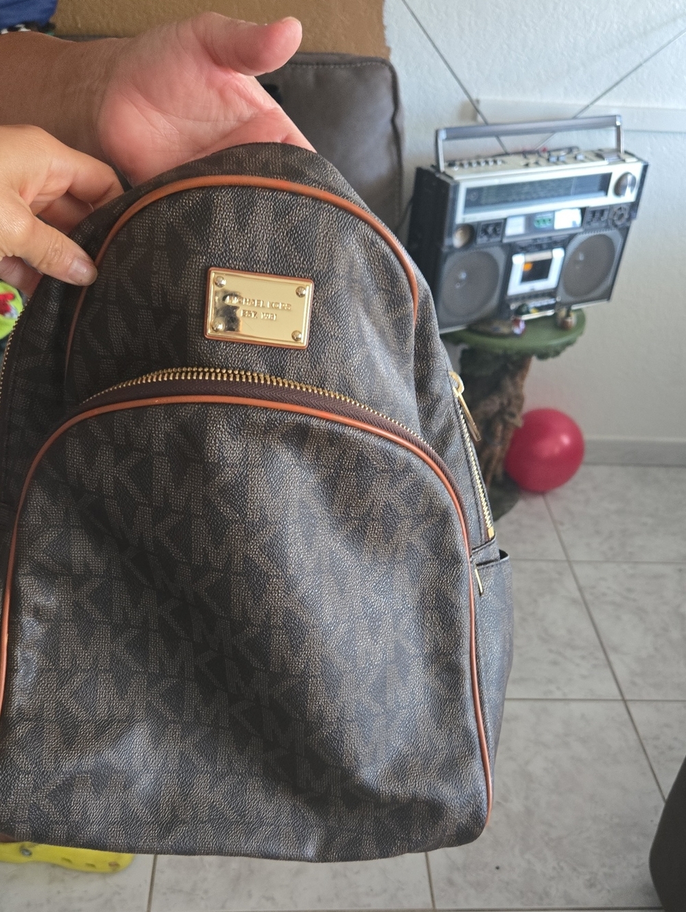 Michael Kors Brown and Tan Logo Backpack with Gold Plate